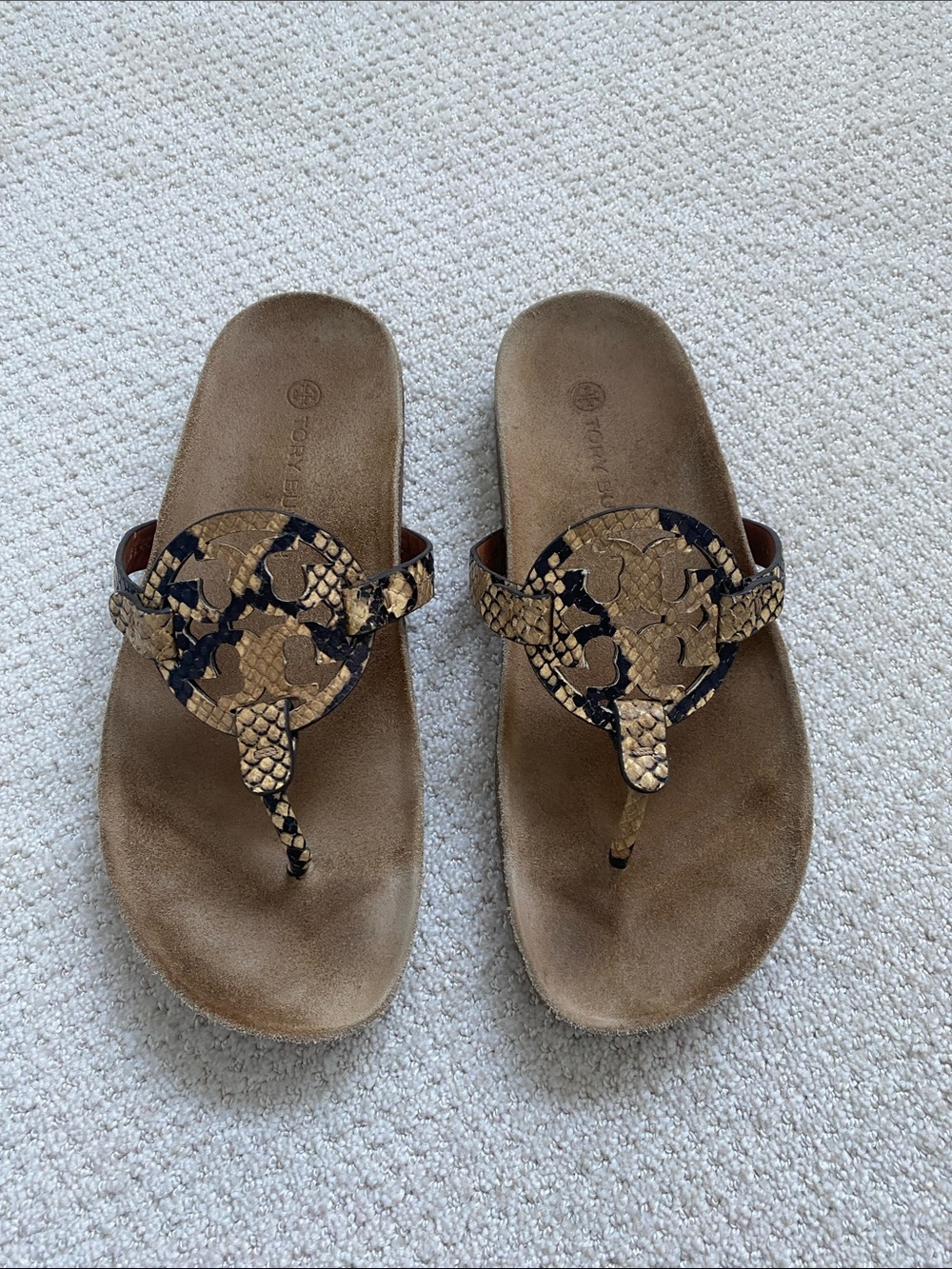 Tory Burch Snake-Print Thong Sandals in Brown and Black
